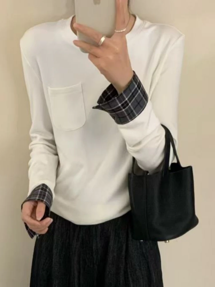 【济州岛】格纹拼接袖口 圆领打底衫2A1066