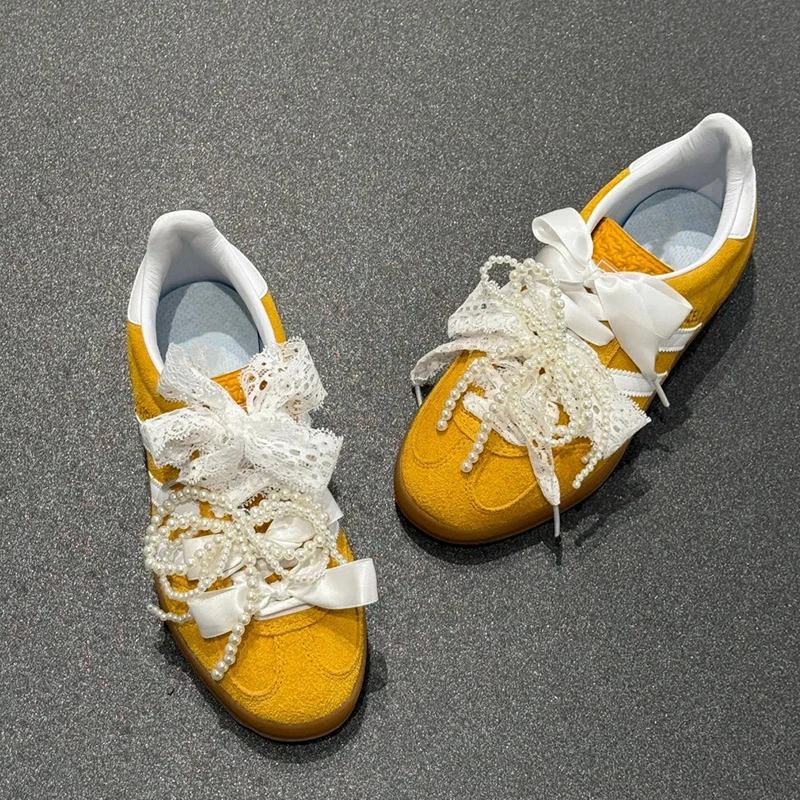 蕾丝鞋带阿迪德训鞋gazelle芭蕾风白色丝带diy装饰珍珠蝴蝶结鞋扣