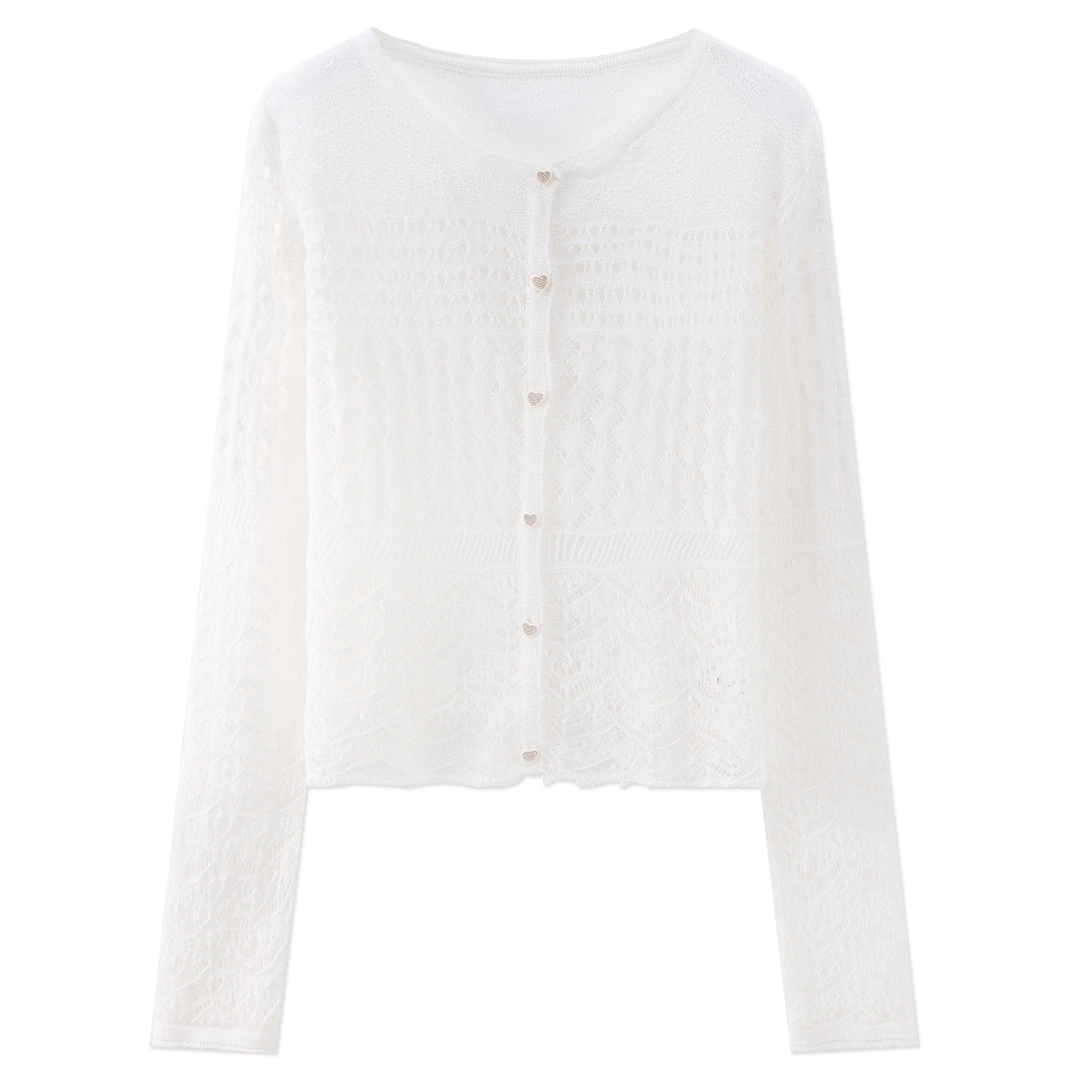 进口和纸纱2025夏新款爱心扣V领镂空开衫