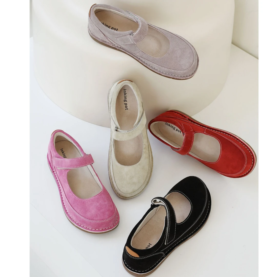 InkingPot彭姐 复古圆头魔术贴玛丽珍鞋女牛皮浅口勃肯鞋休闲单鞋