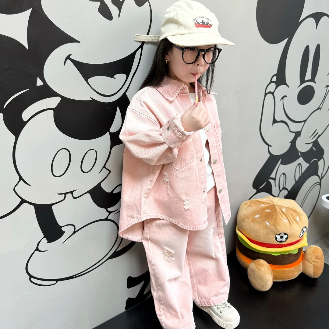 （清仓）春季新款男女童粉色软牛仔破洞时髦高街牛仔套装