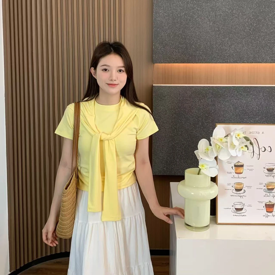 小羽酱小个子定制夏季韩系设计感减龄显瘦棉质假两件披肩短袖T恤