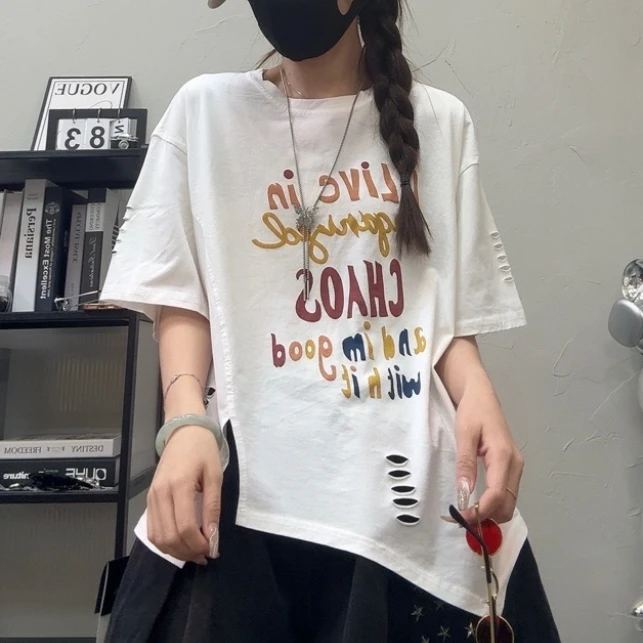 6728夏季新款宽松休闲百搭不规则破洞潮牌T恤