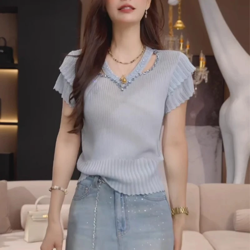 欧货高级感露锁骨短袖针织衫女夏2025新款优雅气质显瘦超好看上衣