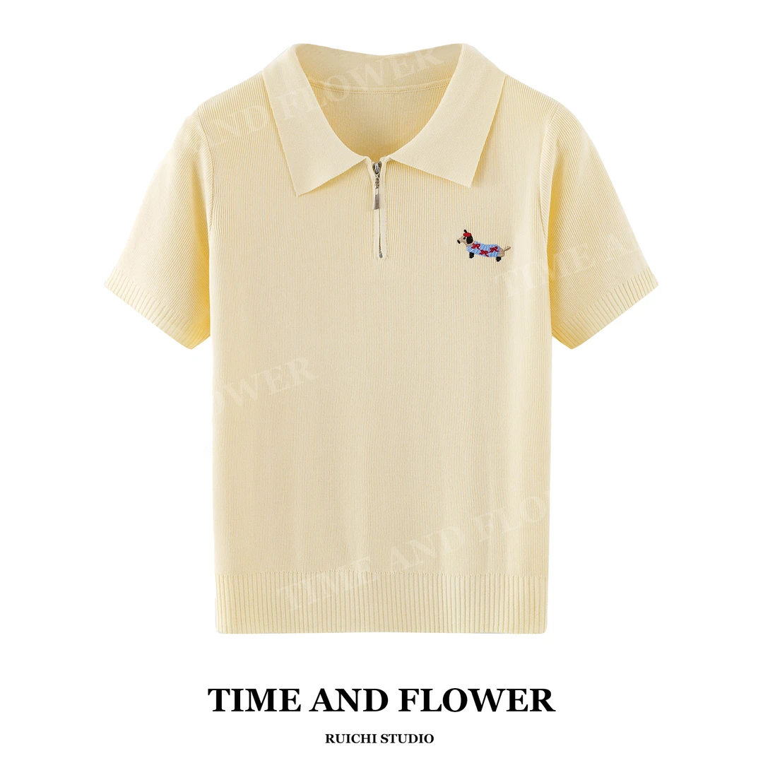 2025夏季韩版针织衫休闲风减龄显瘦POLO领小狗刺绣慵懒打底内搭