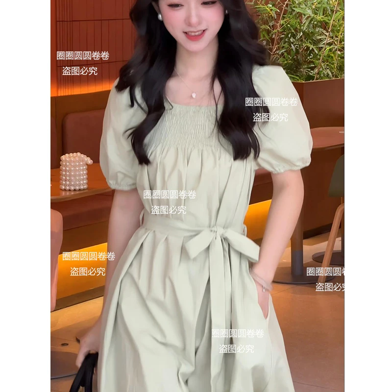 运补【卷卷专属】 新款法式田园绿中长裙休闲清新慵懒女装连衣裙女