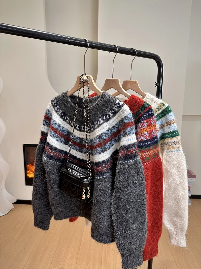 【雪花 费尔岛】网红 时尚 百搭 宽松 加厚 圆领 秋冬 雪花 毛衣