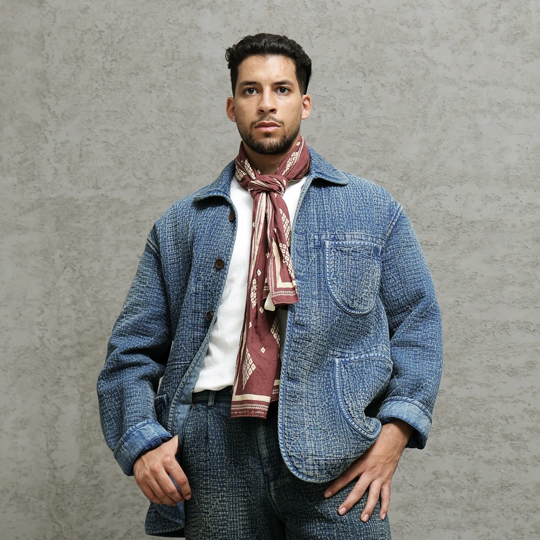 西里布C139重磅日系咔叽复古宽松夹克男蓝染刺子廓形外套拔染做旧