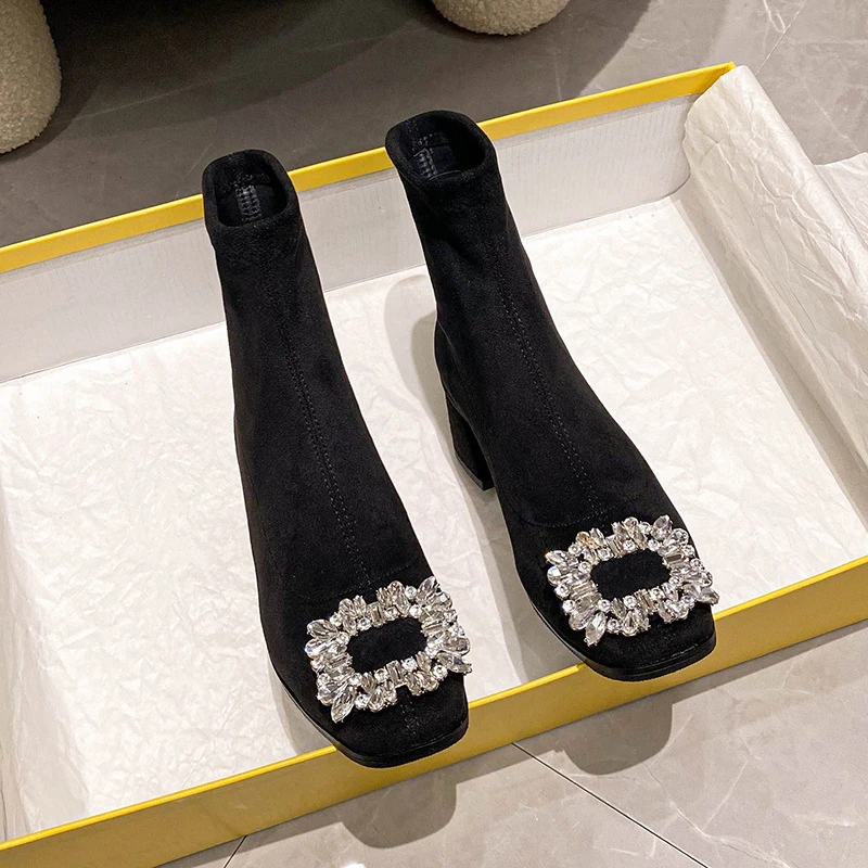 2025年秋冬季新款粗跟水钻短靴法式弹瘦瘦靴气质时尚百搭女靴子