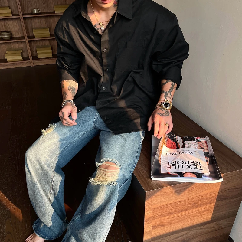 OXFREAK「冰蓝自然水洗」磨烂破洞牛仔裤男直筒宽松cleanfit裤子