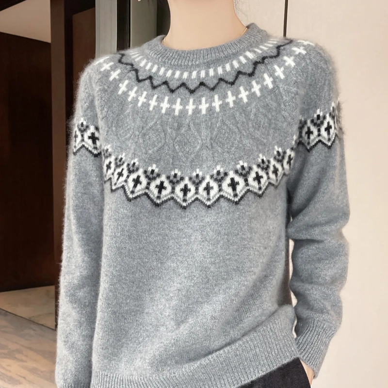 女士秋冬宽松高领绞花提花羊毛衫澳洲纯羊毛插肩袖上衣