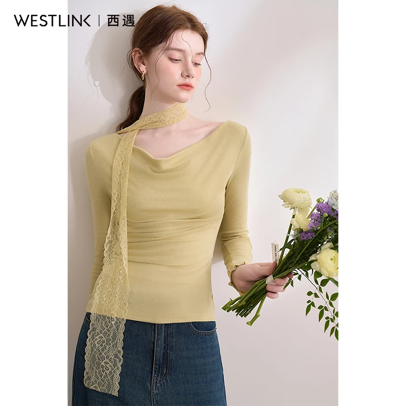 0376西遇简约气质高级感荡领T恤女2025春季弹力修身上衣搭饰带