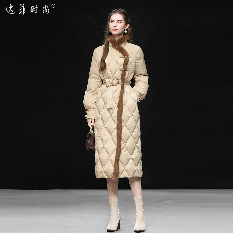 冬季立领兔毛撞色国风提花收腰长款灯笼袖羽绒服外套QC10529774