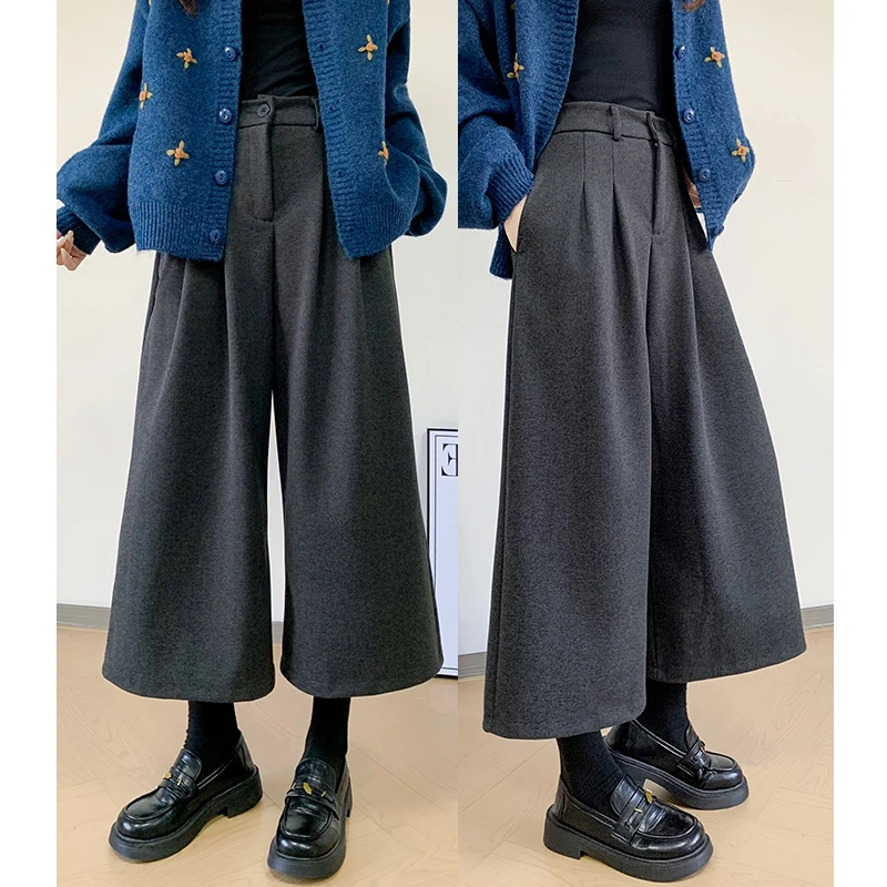 极简风高腰毛呢九分阔腿裤女2025新款秋冬宽松显瘦八分直筒阔腿裤