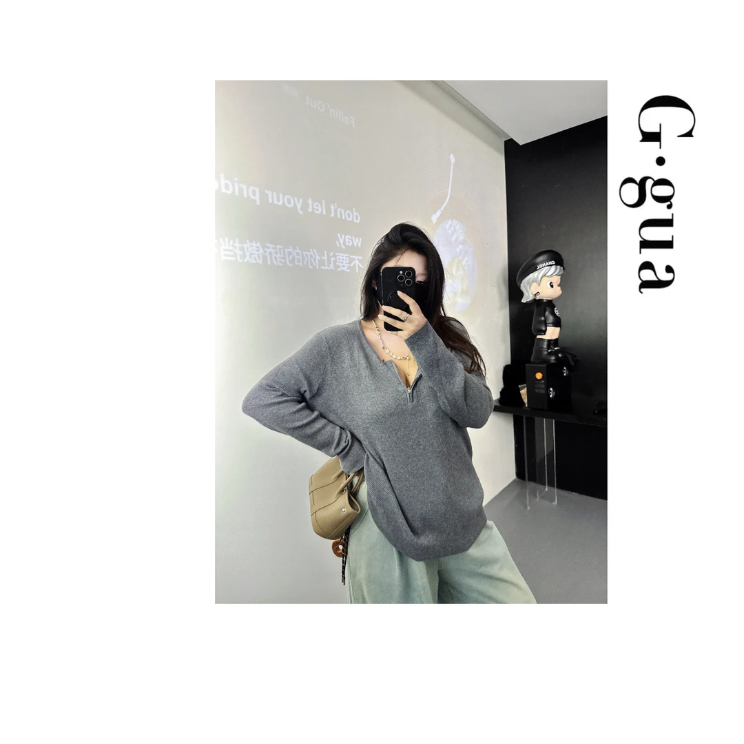 【张_Ggua】大码时尚百搭显瘦拉链设计感针织宽松休闲上衣