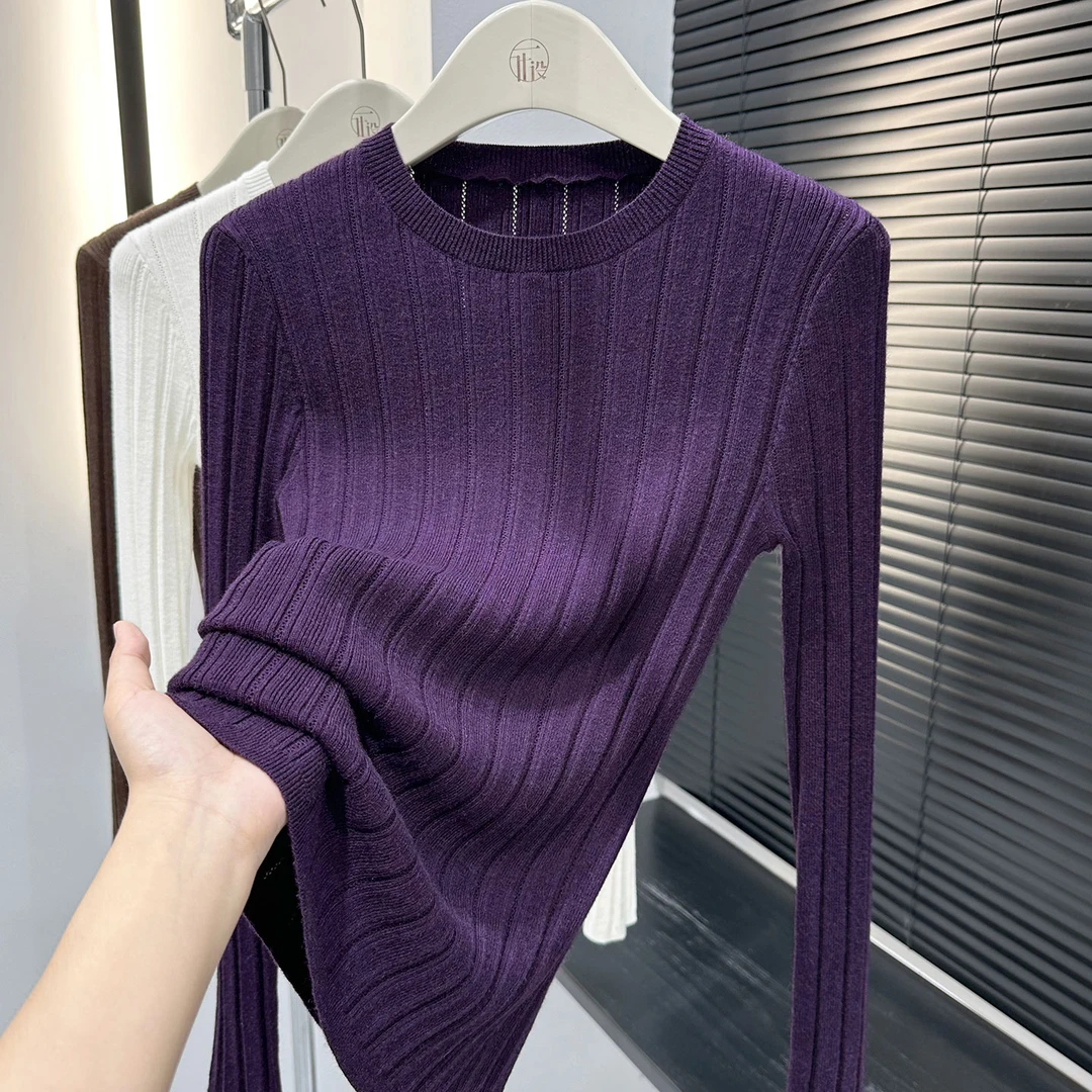 超好看紫色条纹针织打底衫女秋冬新款显身材毛衣内搭轻奢绝美上衣