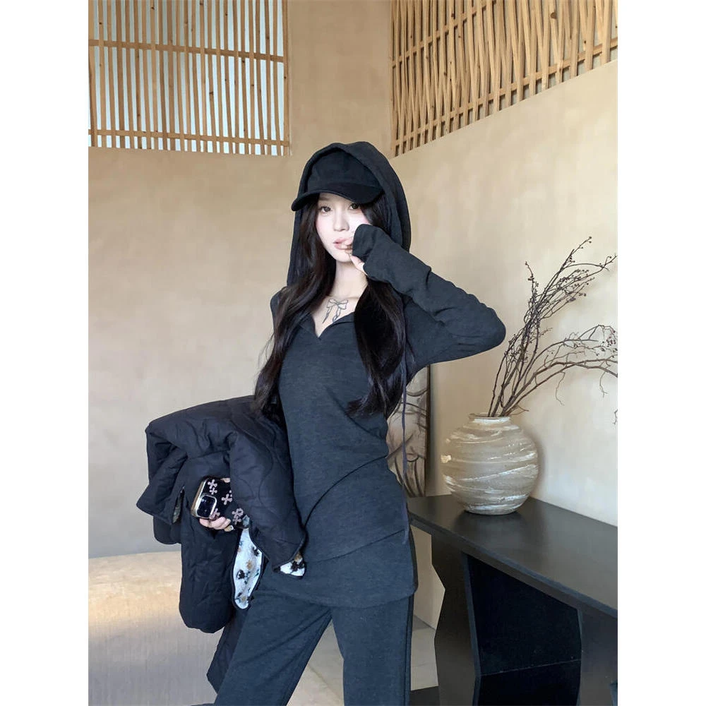 韩系灰色连帽上衣微喇休闲裤套装女2025春秋新款气质高级感两件套