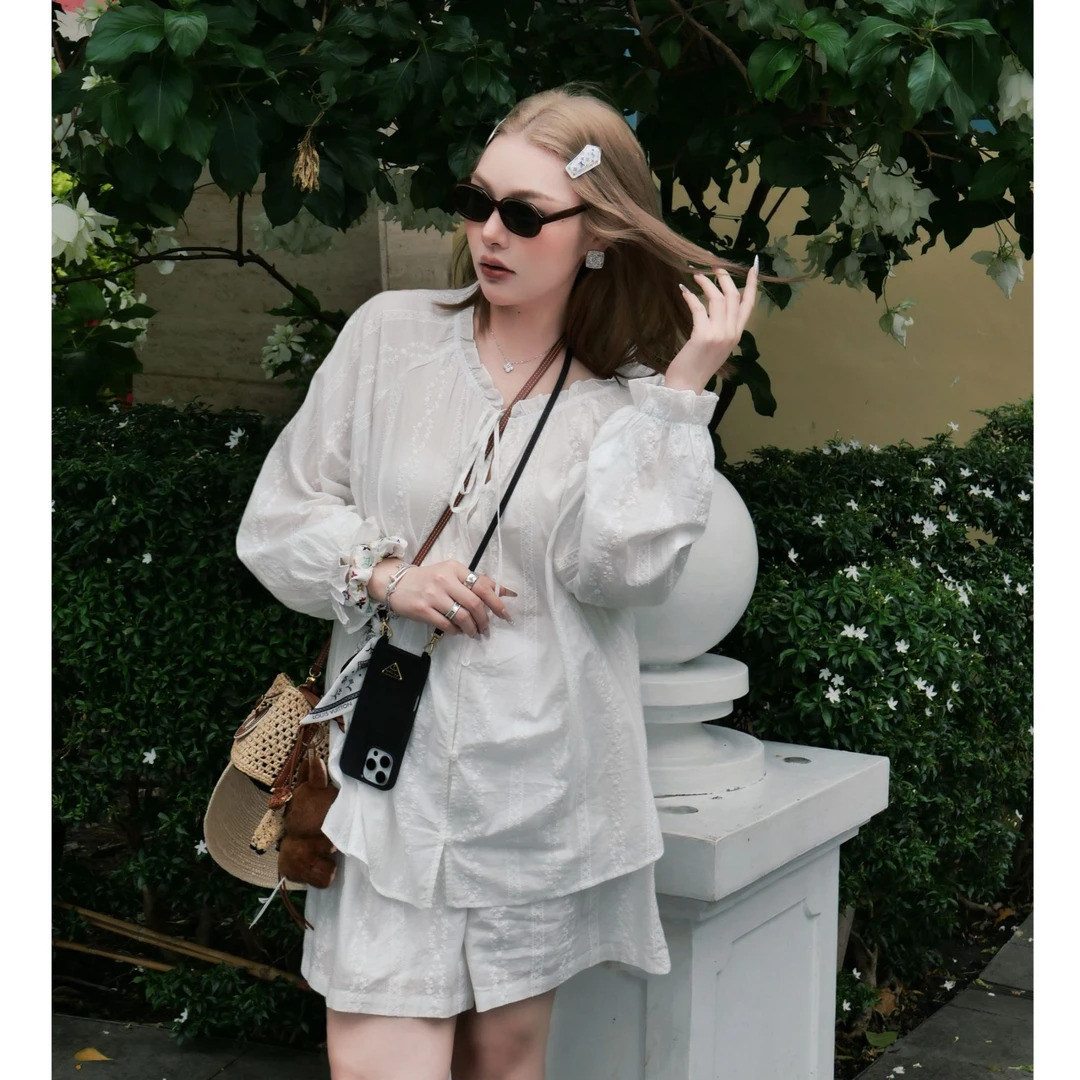 【瘦瘦】大码夏季刺绣全棉重工宽松衬衫+休闲阔腿短裤套装S01778