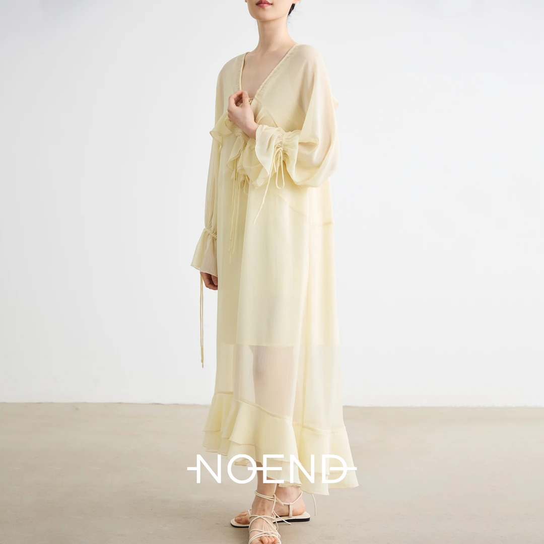 NOEND25SS 轻盈透感仙气系带可调节袖口荷叶边度假慵懒连衣裙