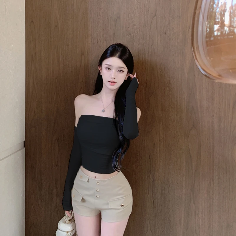 性感辣妹一字肩长袖早秋新款纯欲风紧身露背短款上衣御姐气质