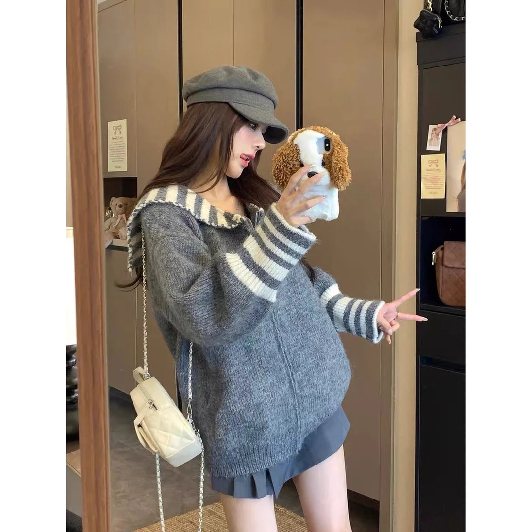 海军领拼接毛衣秋冬新款慵懒学院撞色条纹开衫外套女82045#0.15