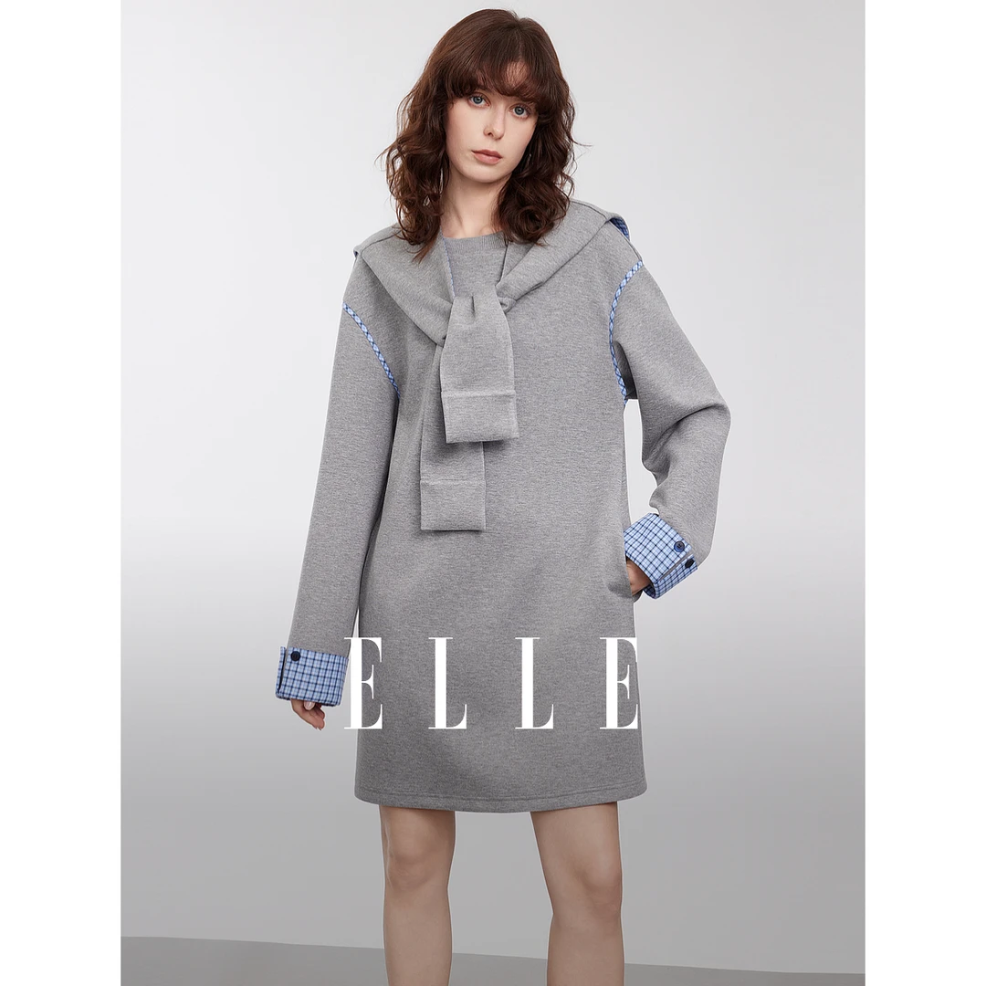 ELLE欧若风格子拼接假两件连衣裙2025春新款披肩简约裙子EL50708