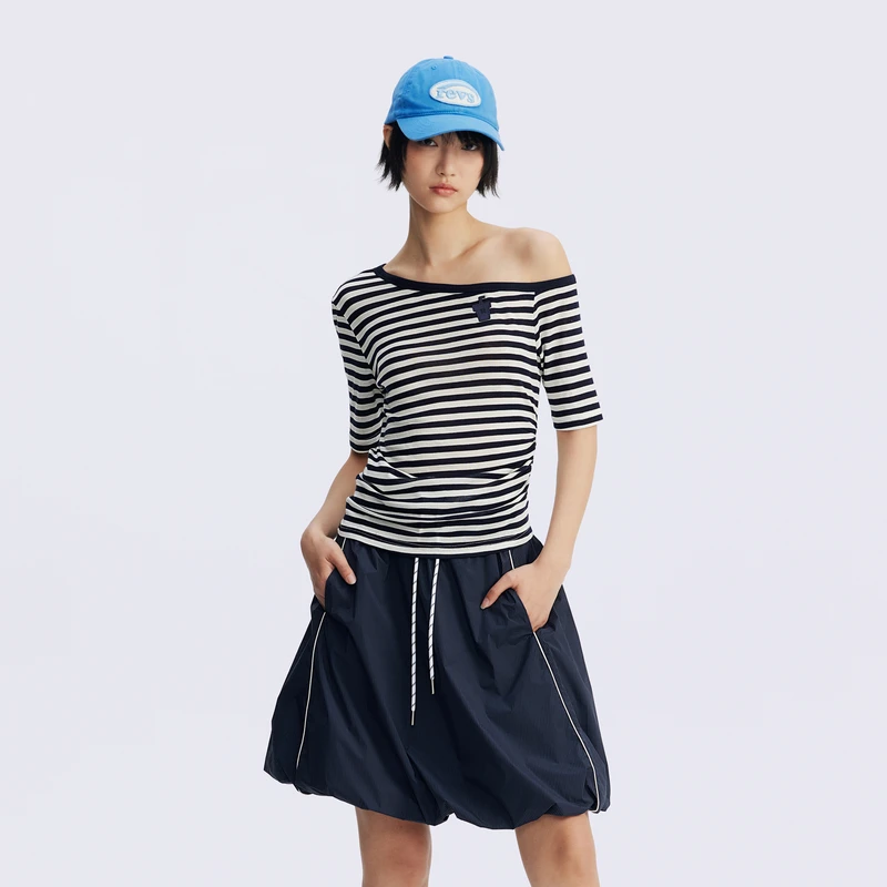 REVAN芮范设计师款斜肩藏青条纹短袖T恤RL31001513