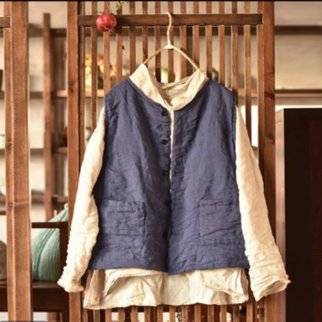 4302原创秋冬保暖苎麻夹棉休闲马甲文艺复古宽松圆领对襟棉背心
