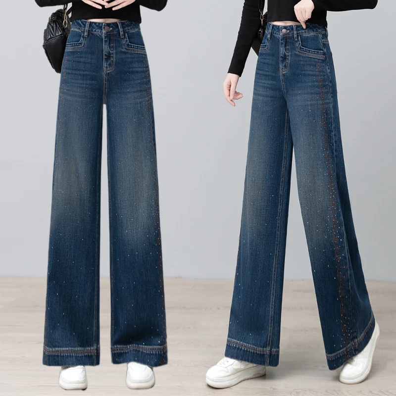 刺绣烫钻牛仔阔腿裤女2025秋季新款高腰宽松显瘦直筒大脚裤