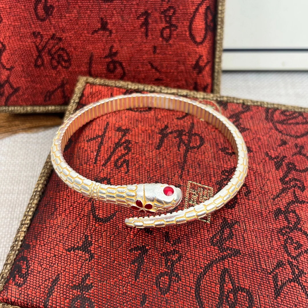 足银手镯 999.9【S198】26g珐琅描金色樱花蛇开口手镯时尚女款