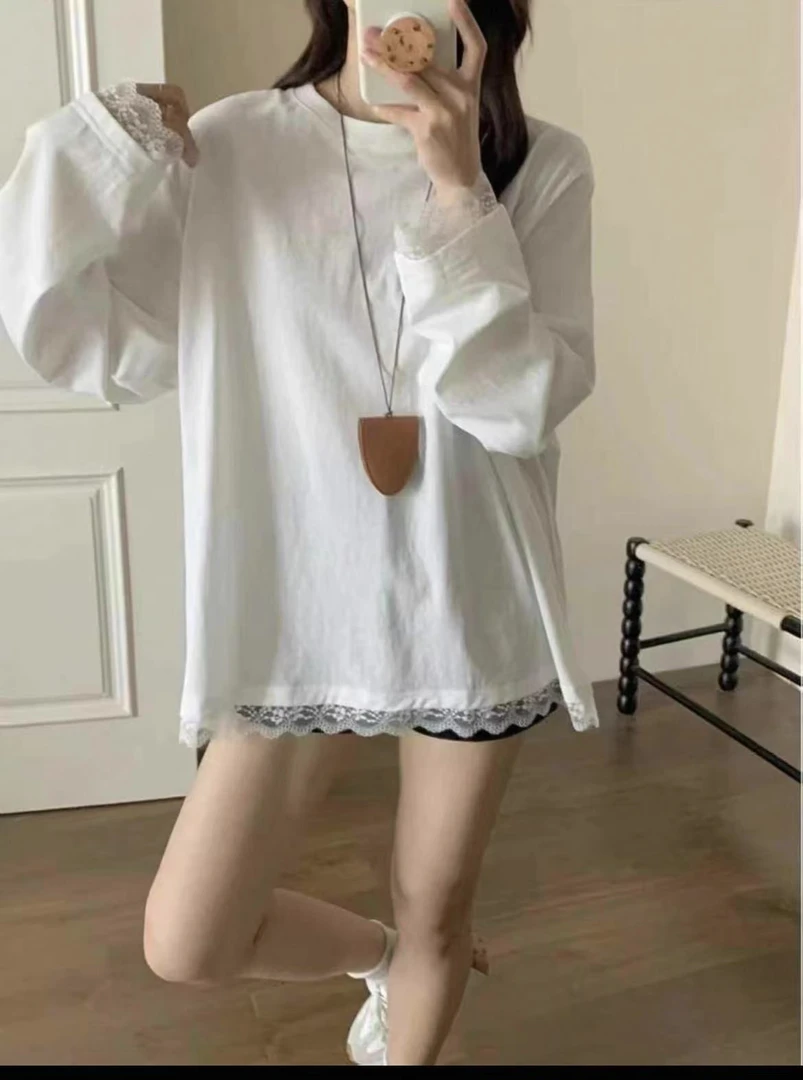 夏季宽松百搭长袖蕾丝边