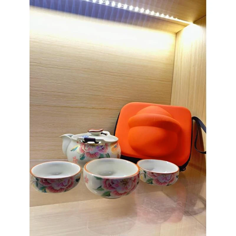 汝窑刺绣牡丹一壶三杯茶茶具茶壶茶具喝茶器具盖碗茶具2061