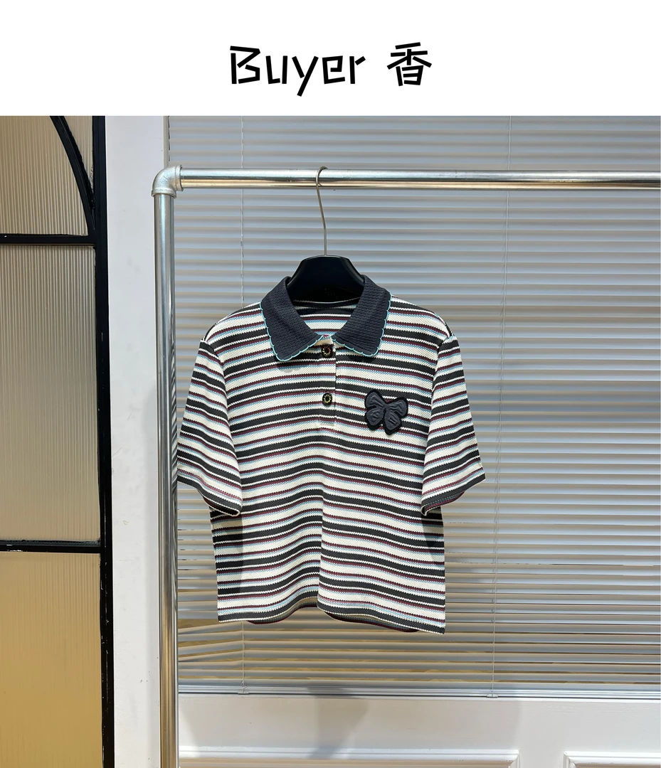 【Buyer 香】25016春夏新款彩条蝴蝶结镂空针织衫