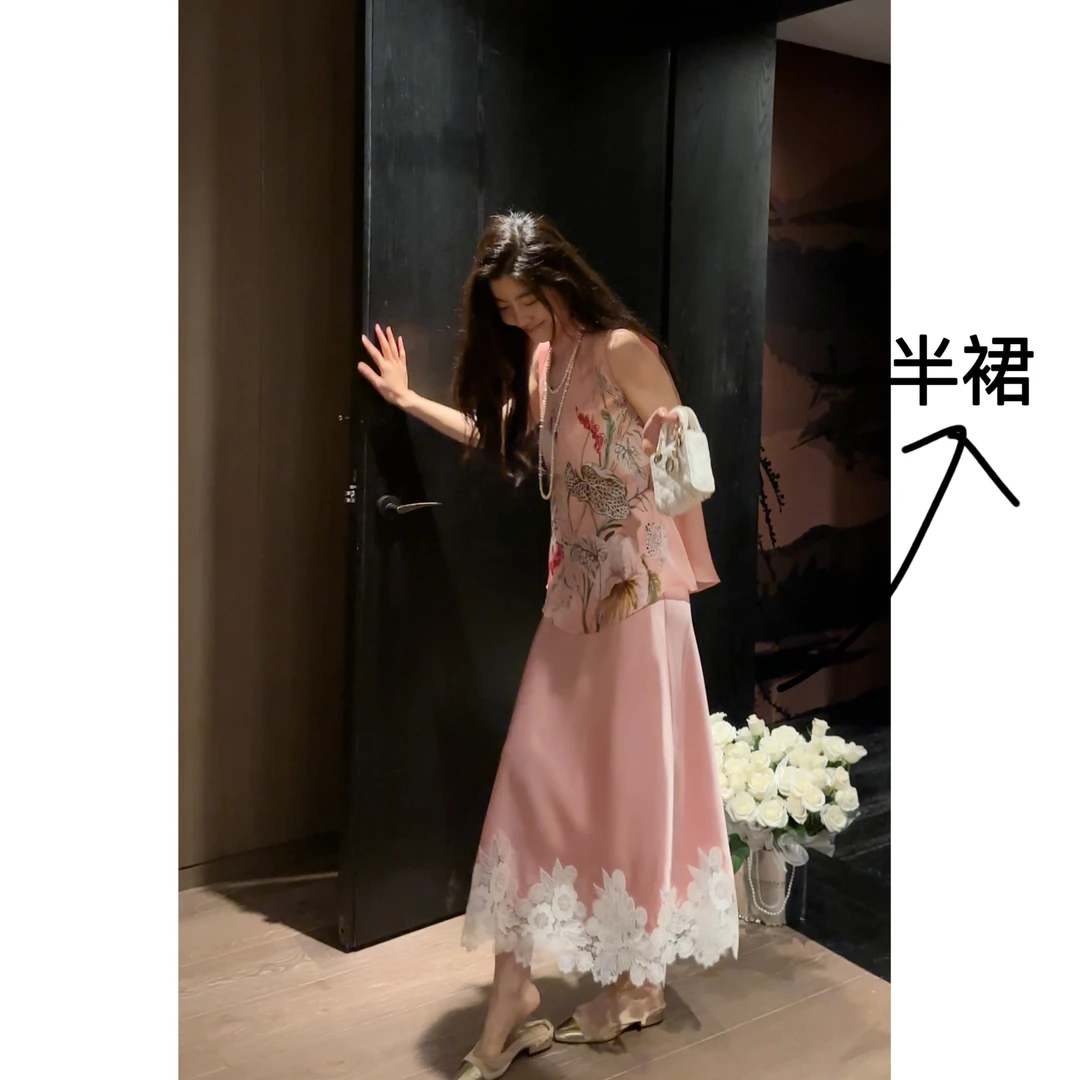 N.COU妮蔻25夏新款设计感小众垂顺蕾丝绣花拼接醋酸半裙女DY22578