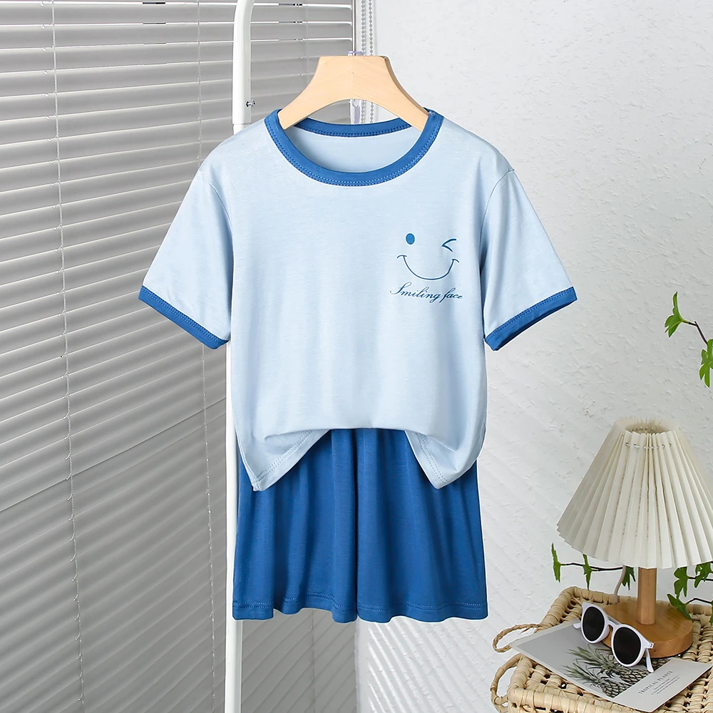 儿童夏季薄款睡衣男孩女孩短袖短裤莫代尔休闲空调服中大童家居服