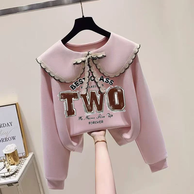 女童超好看卫衣春秋2025新款娃娃领蕾丝衣服女孩大童时髦秋装上衣