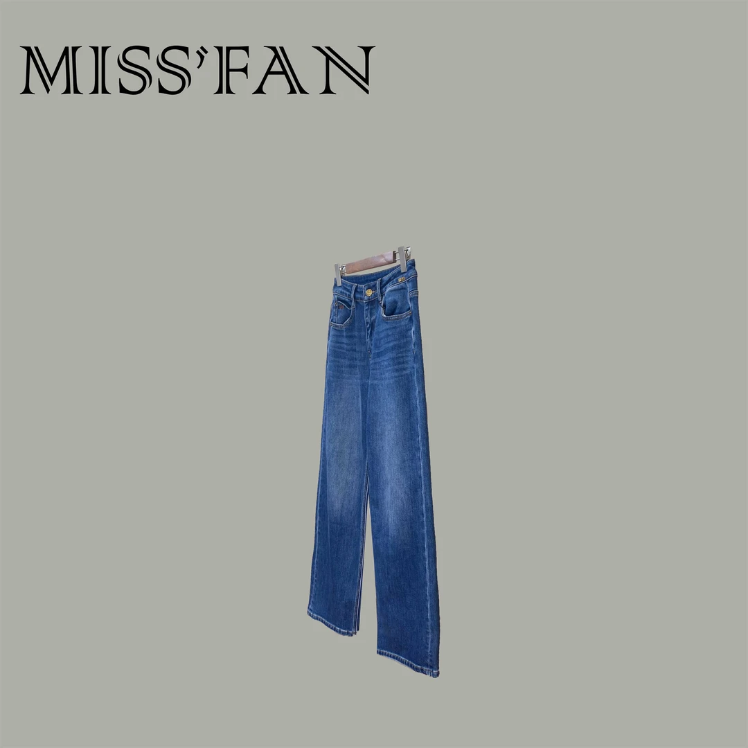 「W小字母直筒」 中调蓝水洗磨色 中高腰弹力标准直筒加绒牛仔裤