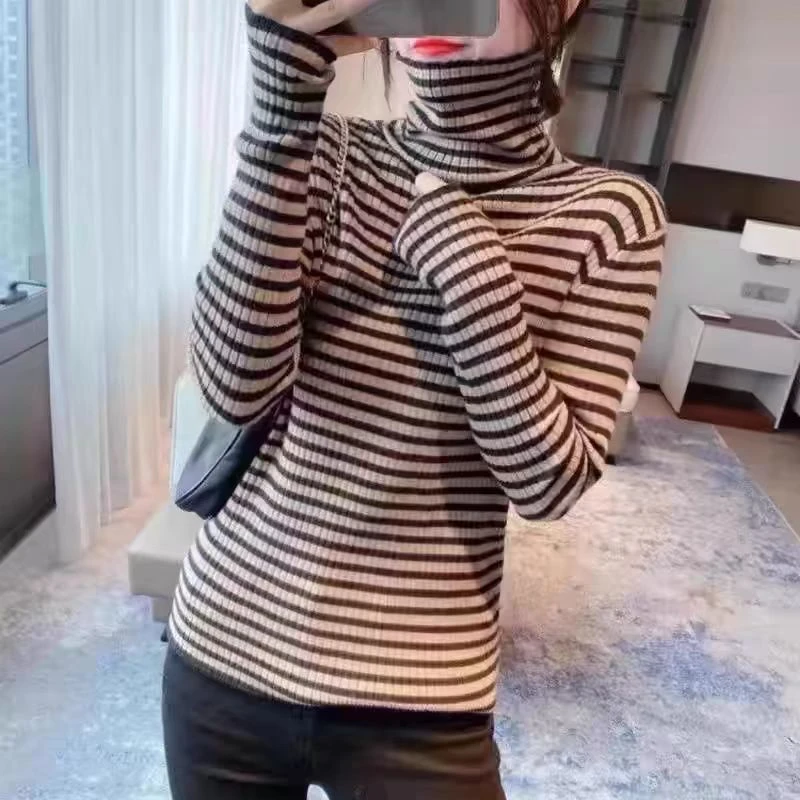 条纹高领毛衣堆堆领一体绒毛衣（内里绒不区分）
