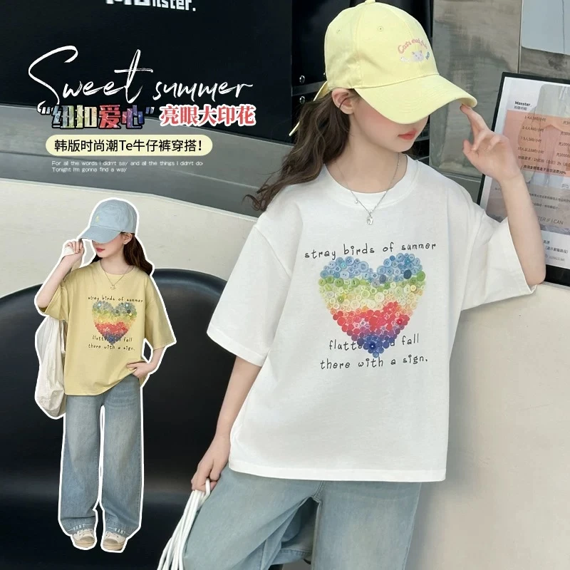 【断码清货】2025夏时髦爱心纽扣圆领短袖T恤 D365 365 P