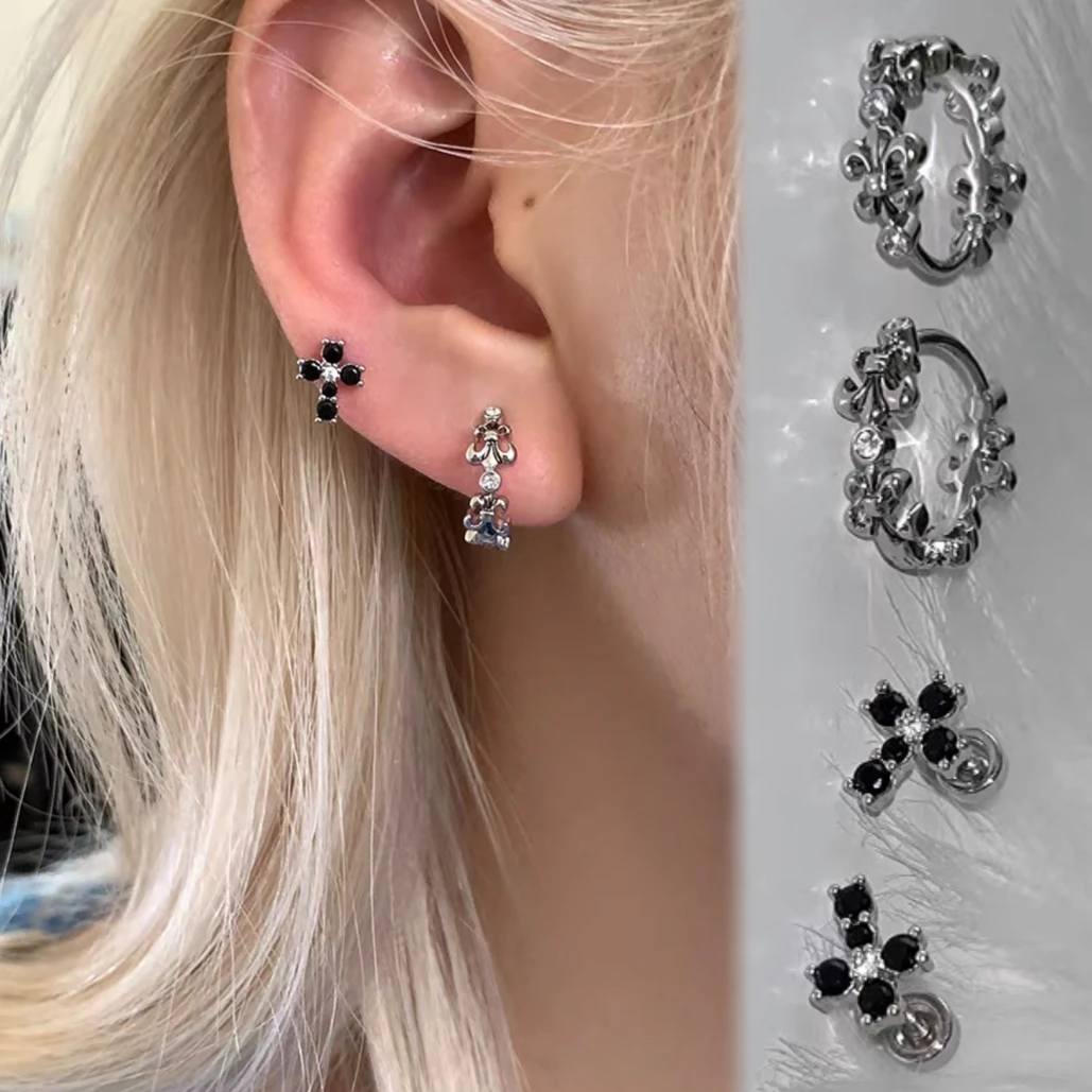 钛钢锆石耳饰 钛钢鸢尾花耳环小众十字架耳钉女养耳洞耳骨钉耳饰