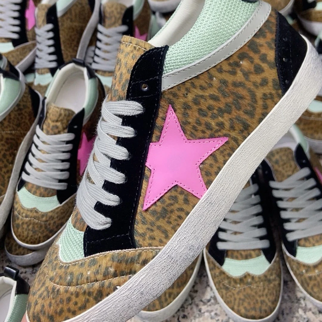 2026春季新款厚底真皮韩版星星搭豹纹拼色做旧板鞋女高帮鞋脏脏鞋