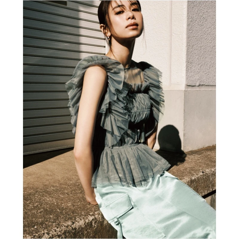 【DD外贸】 明星杂志款 F 薄纱抽褶气质百搭高级感上衣