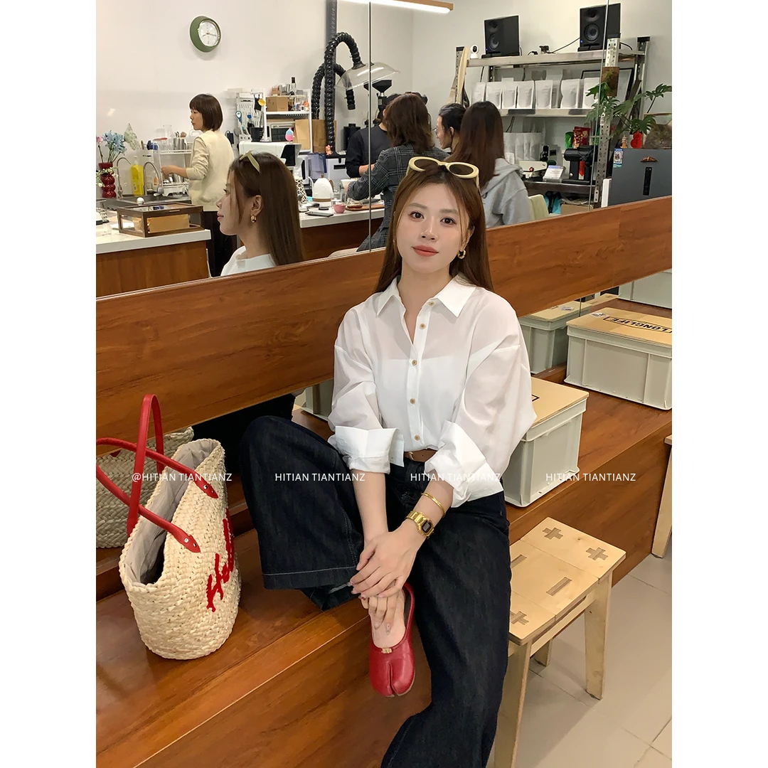 Hitian恬恬郑 韩系天丝质感长袖衬衫女早春休闲CE3060