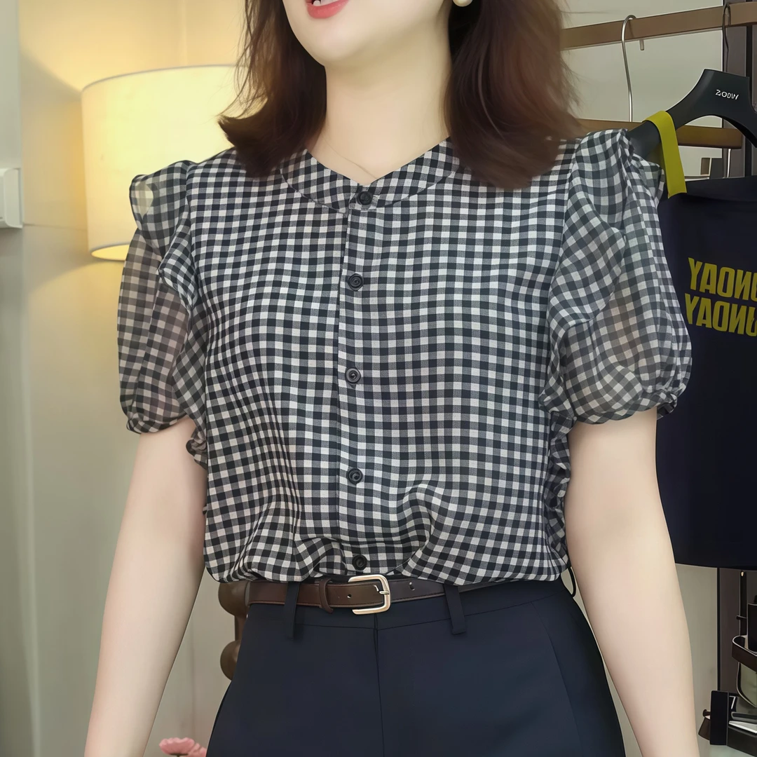 夏季甜美洋气显瘦时尚百搭设计感小众格子上衣女2025设计感上衣潮