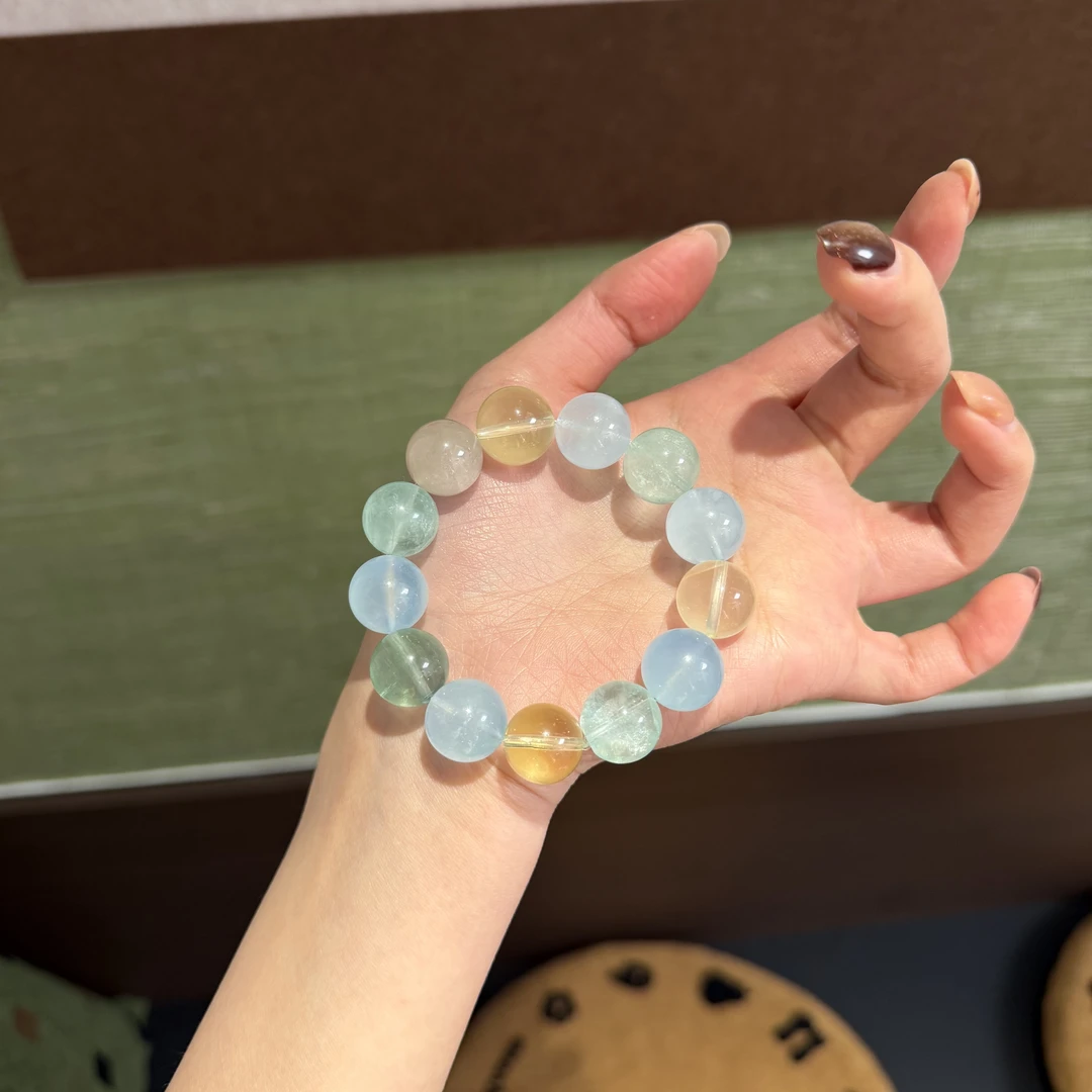 M*冰飘*海蓝绿萤石黄水多宝手串 多样性发其一