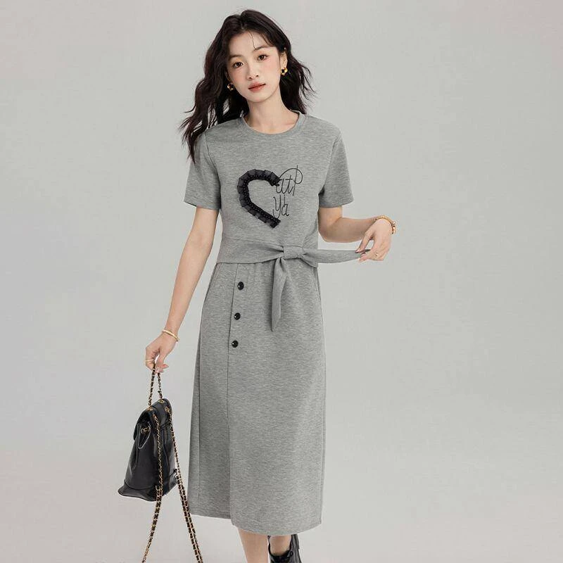 韩版时尚休闲套装2025夏季新款短袖蝴蝶结上衣半身裙减龄两件套潮