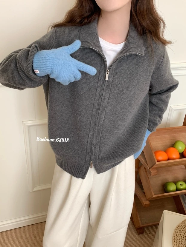 新款韩系光板双拉链毛衣开衫
