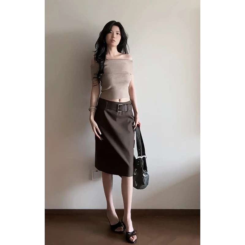 2025夏季新款法式气质一字肩短袖针织上衣百搭高腰显瘦A字半身裙