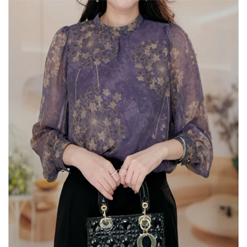 【原版正品】2025春装云纱立领碎花黑色衫网纱长袖OL职业气质上衣女