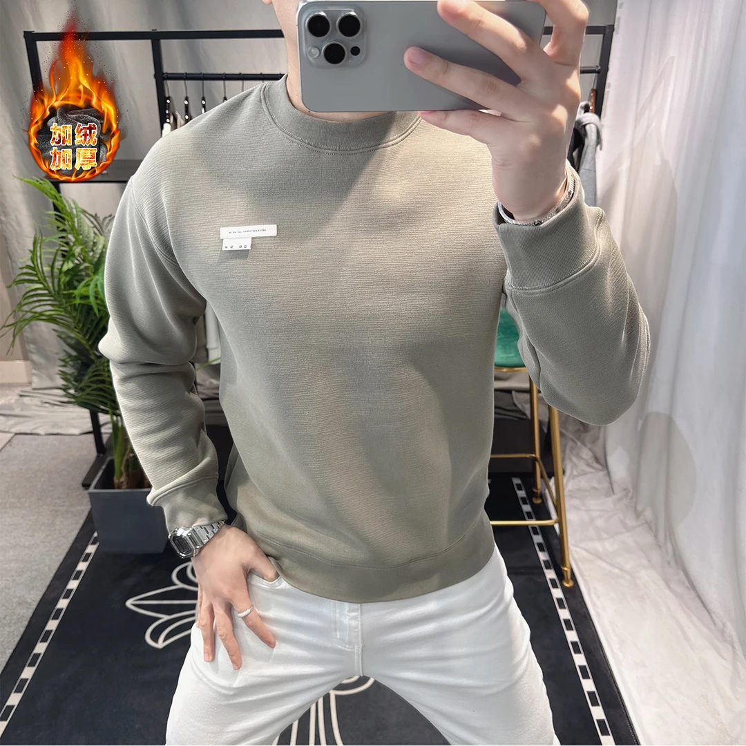 2025冬季欧洲站男士时尚卫衣加绒保暖长袖简约设计感高级加厚上衣